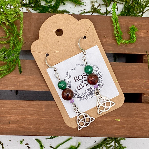 Silver Triquetra Charm~Dragon's Blood & Malachite Earrings