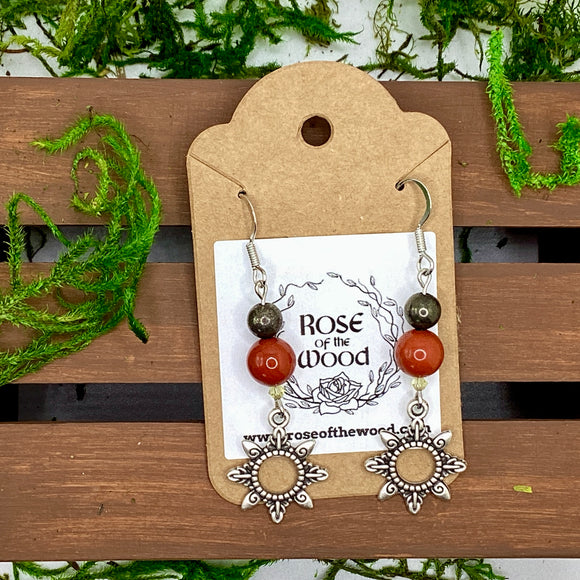 Silver Sun Charm~Red Jasper & Pyrite Earrings