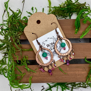 Copper hammerd hoop~Amazonite & Amethyst Earrings